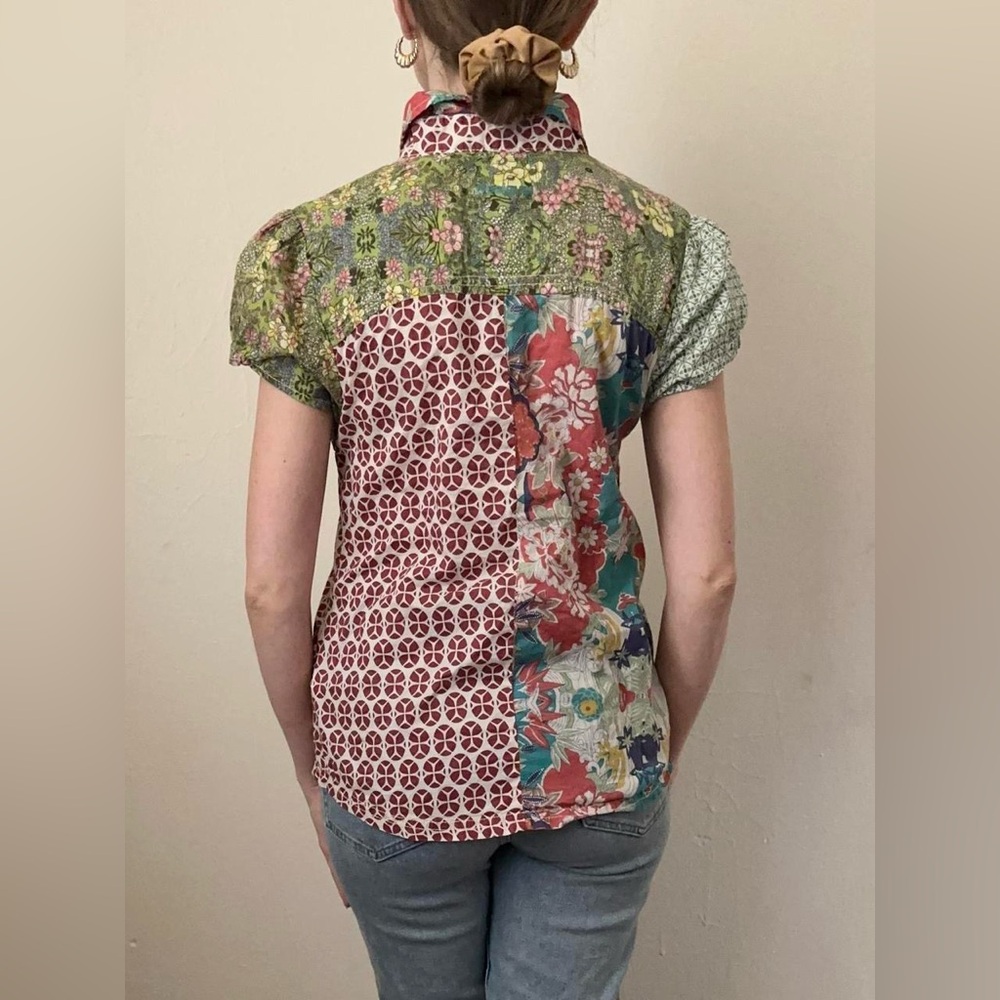 Colorful Bohemian Patchwork Button Down Blouse Sh… - image 2